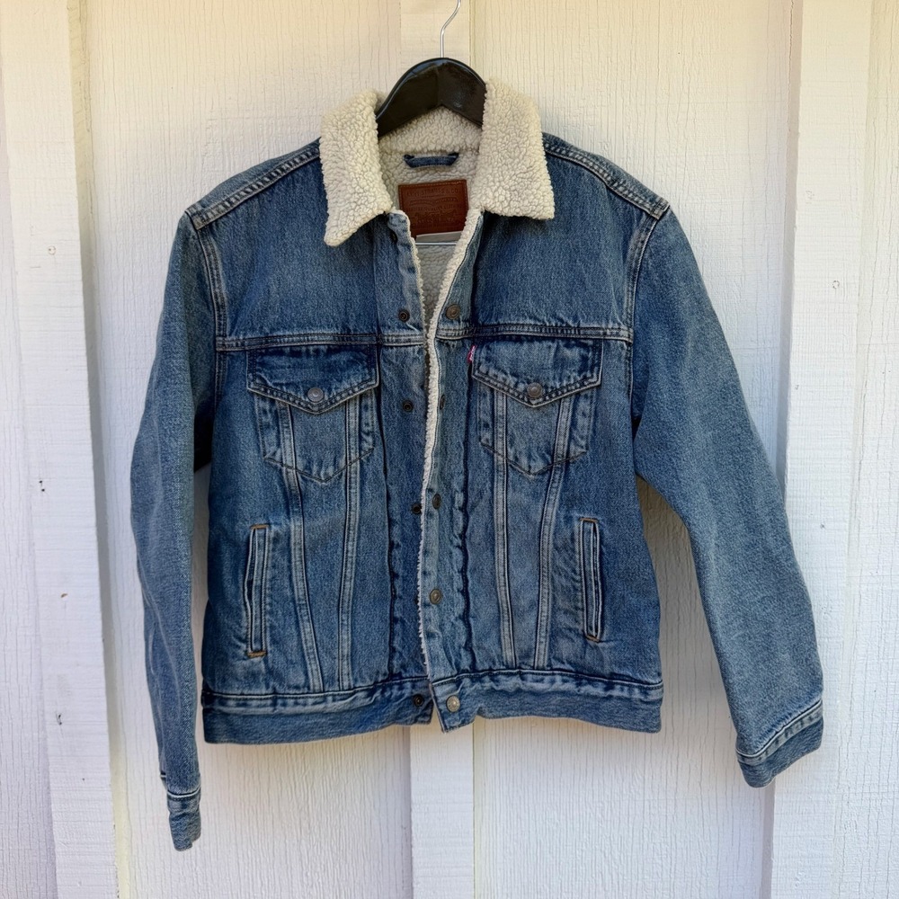 Levis Premium Sherpa Trucker Jacket Mens Small Blue Denim Fleece 36137-0005